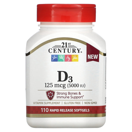 21st Century Vitamin D3 softgels in a bottle, 125 mcg (5,000 IU) dietary supplement, for immune support and bone health.