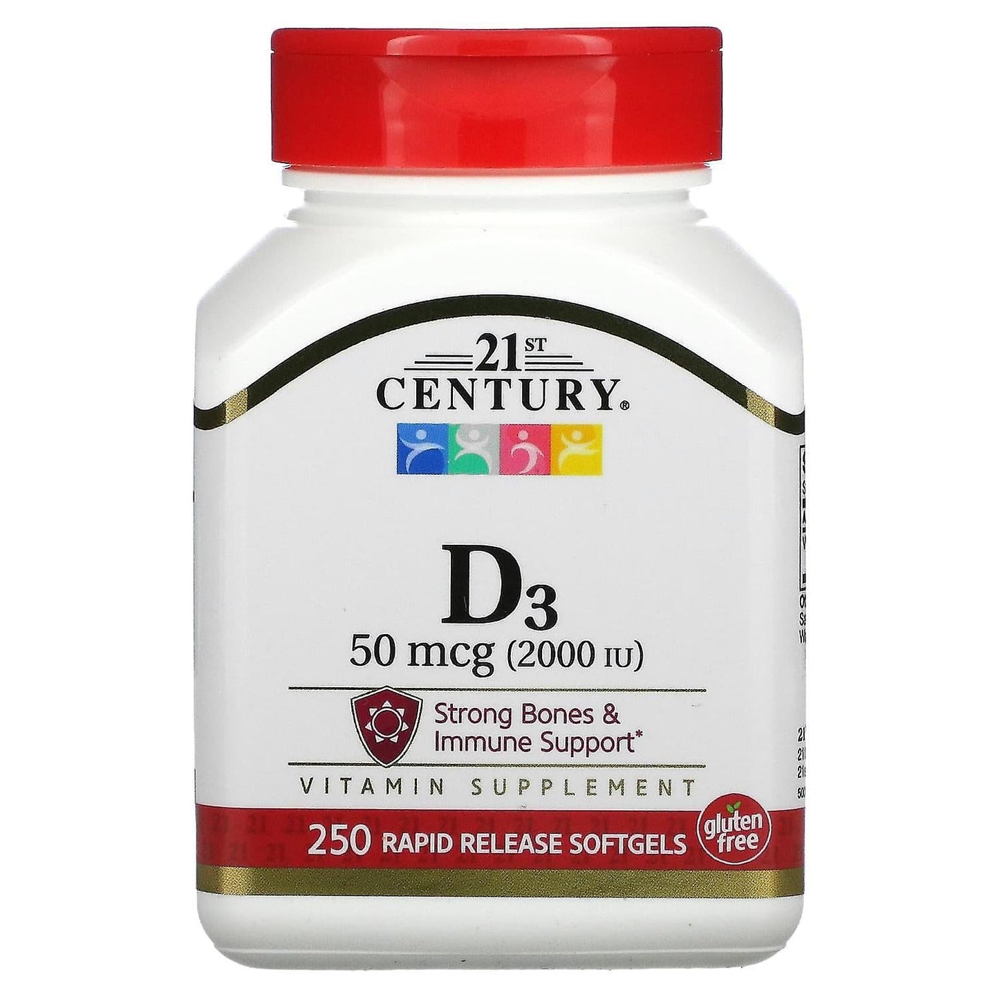 Bottle of 21st Century Vitamin D3 2000 IU softgels in a white container, labeled with supplement details and dosage.