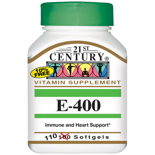 Bottle of 21st Century Vitamin E softgels, 180 mg (400 IU), 110 softgels, dietary supplement for skin and immune support