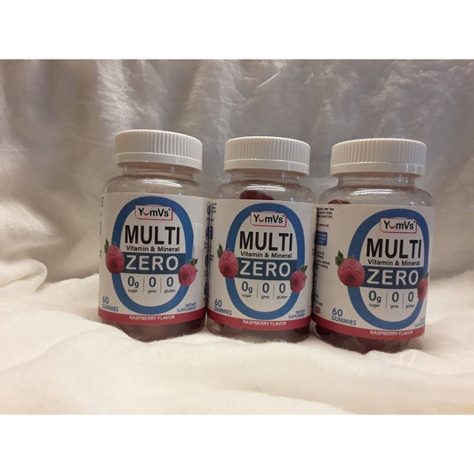 Three packs of YumVs Zero MultiVitamin Gummies in raspberry flavor, sugar-free, with expiration date of September 2024.