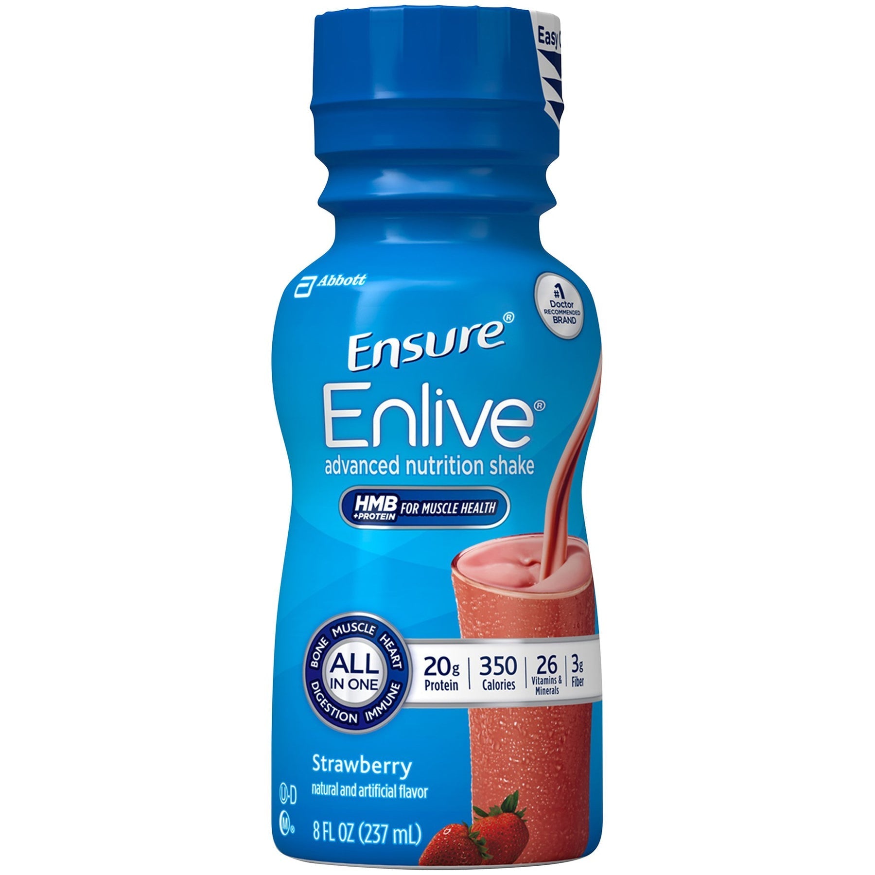 Abbott Nutrition Enlive Ensure Strawberry nutritional supplement bottles, 24-pack, 8 oz each, for vitamins and dietary support