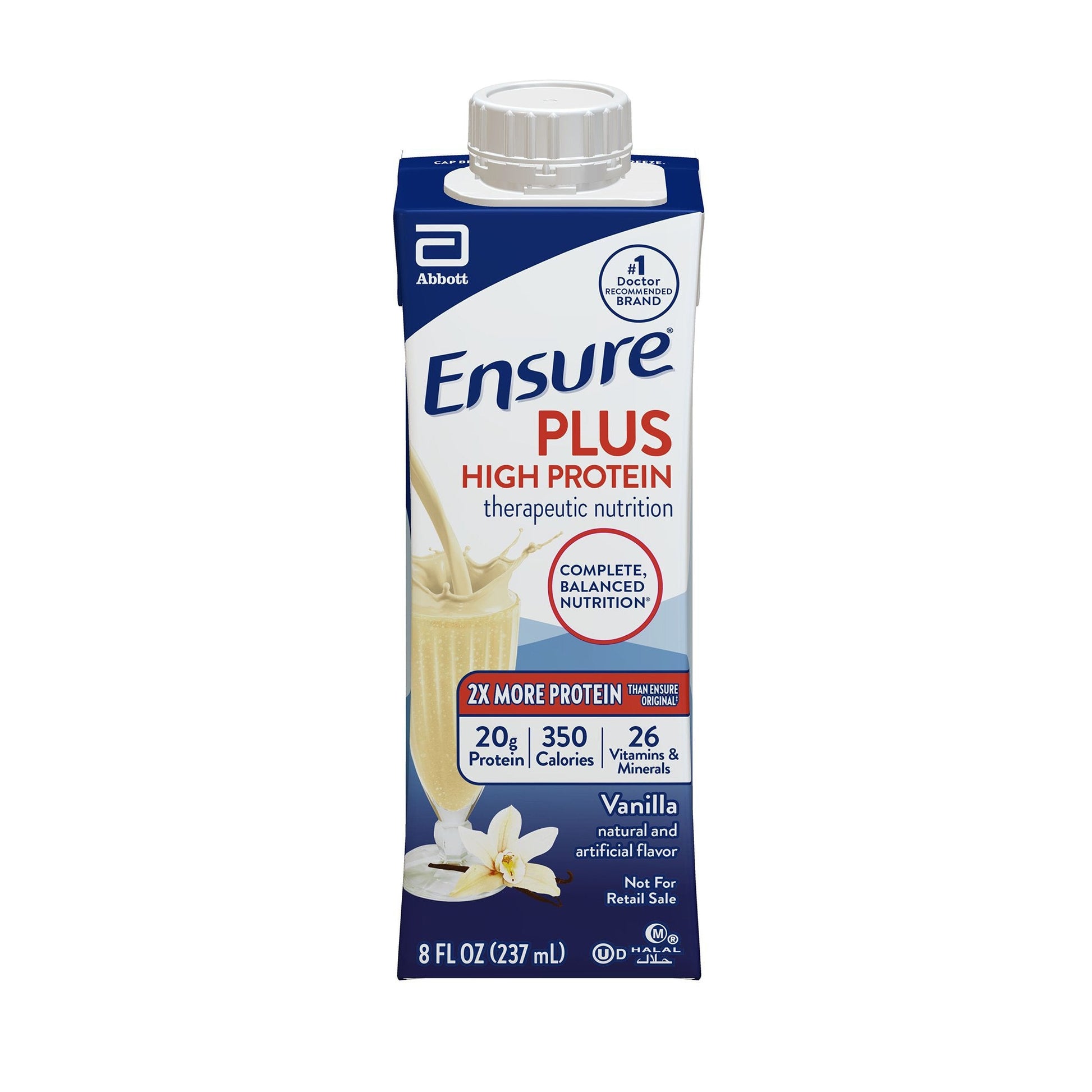 Abbott Nutrition Ensure Plus high protein vanilla flavor oral supplement in 8 oz ready-to-use bottle, designed for nutritional support.