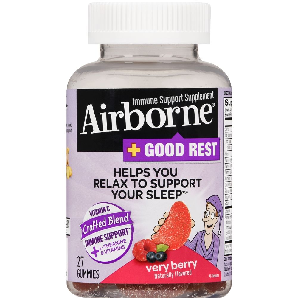 Airborne + Good Rest immune support supplement vitamins in a bottle of 27 gummies, designed to boost immunity and promote restful sleep.