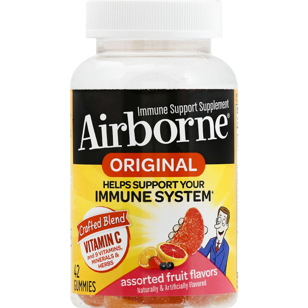 Assorted fruit-flavored Airborne Gummies immune support supplement by Pasteur Pharmacy in a clear plastic bottle.