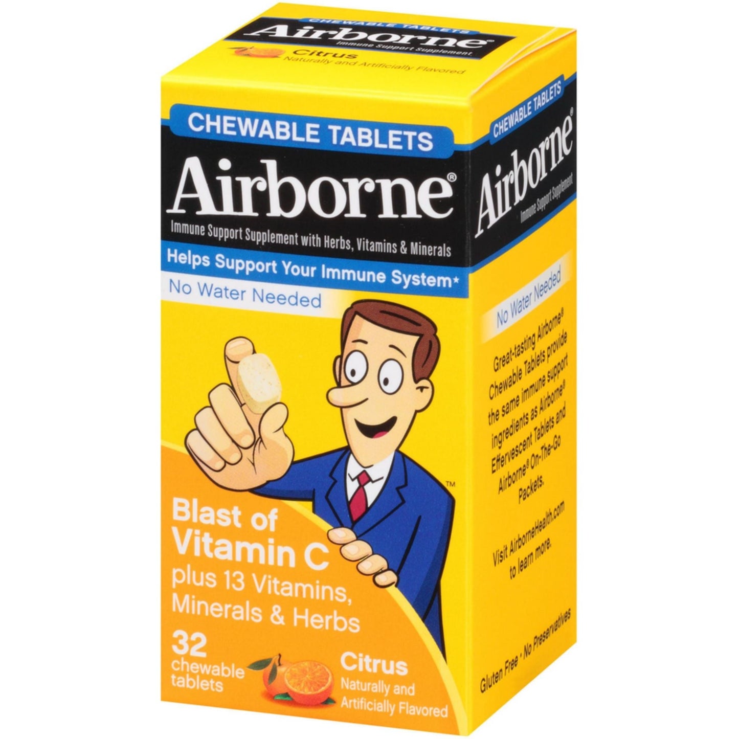 Airborne Immune Support chewable tablets in citrus flavor, 32 count, vitamin and supplement by Pasteur Pharmacy.