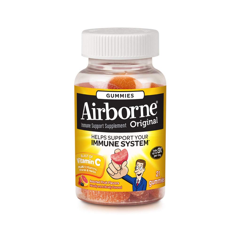 Assorted fruit Airborne Immune Support Gummies with Vitamin C and Zinc in a 21-count bottle from Pasteur Pharmacy.