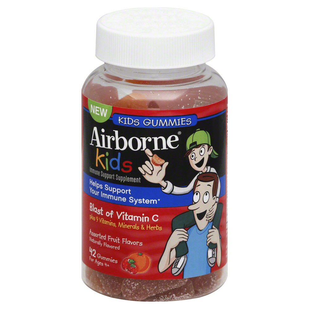 Assorted fruit-flavored Airborne® Kids Immune Support Gummies, colorful vitamins and supplements for children's immune health.