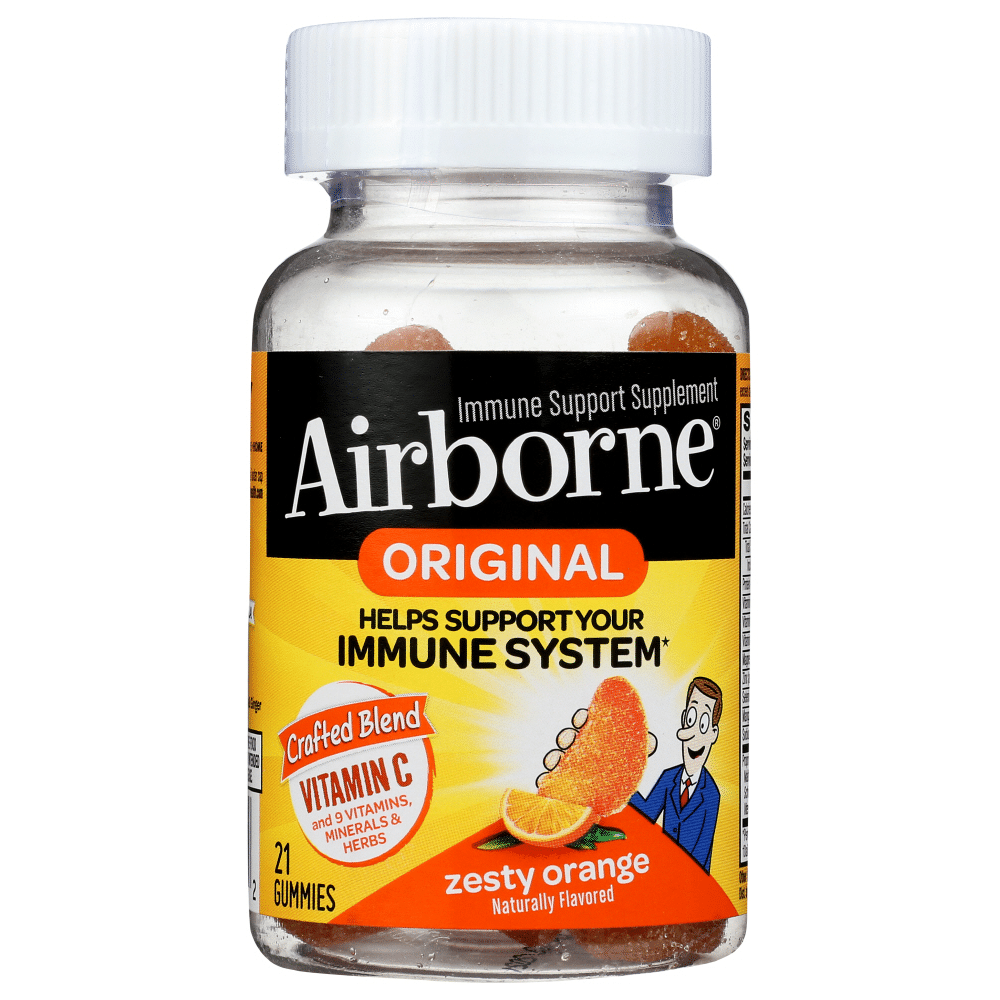 Orange flavored Airborne Gummies with 1000mg Vitamin C, minerals, and herbs for immune support, from Pasteur Pharmacy Vitamins & Supplements.