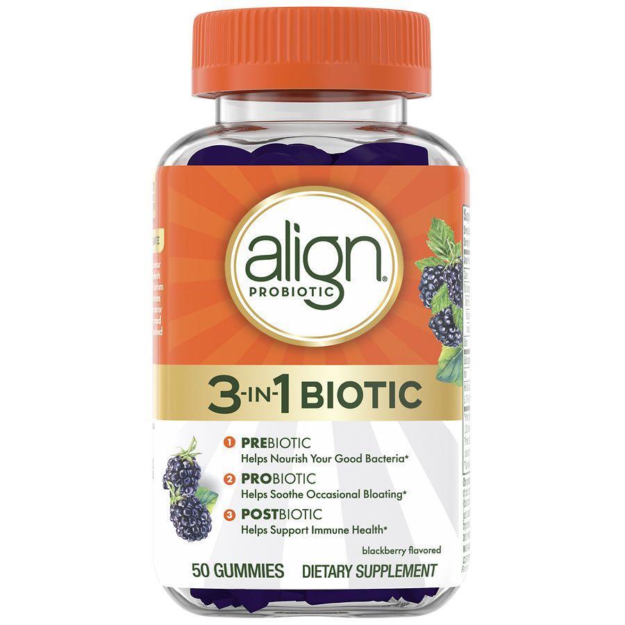 Align Daily Probiotic Gummies by Pasteur Pharmacy, blackberry flavor, 50 chewables for digestive health support.