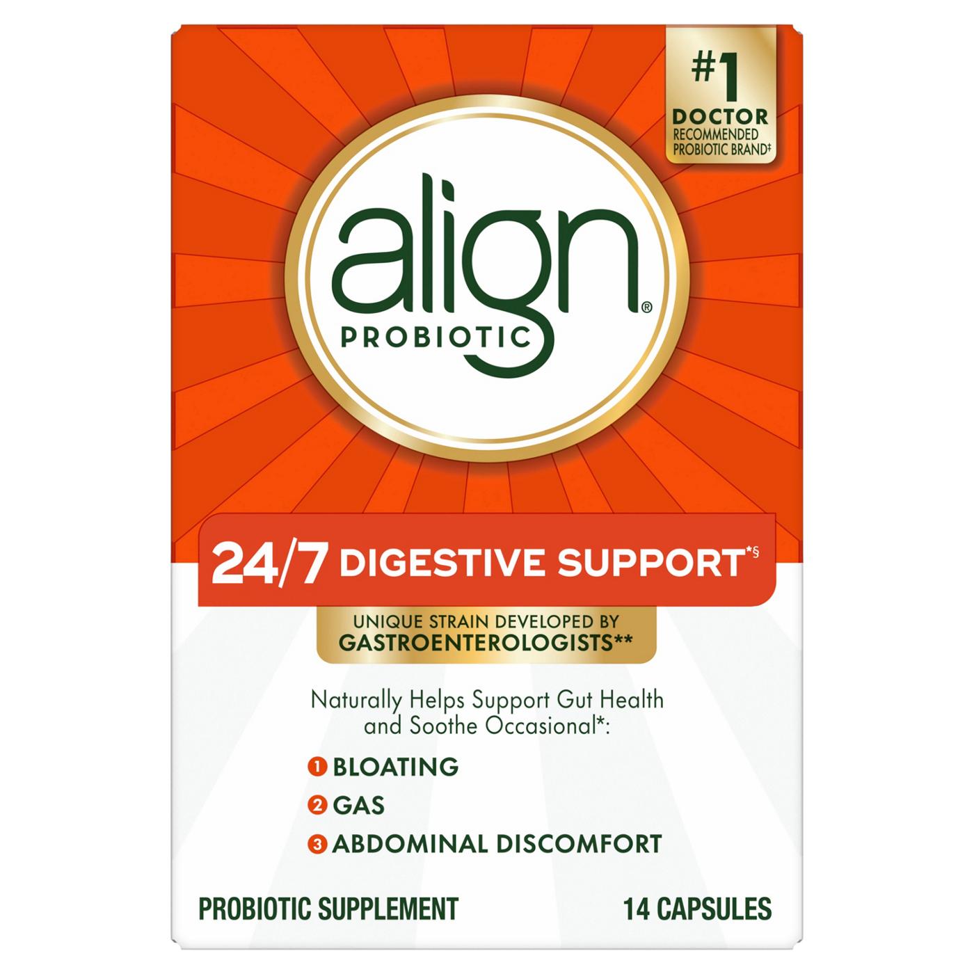 Align Daily Probiotic supplement capsules for digestive health, from Pasteur Pharmacy, in a clear bottle with capsules visible inside.