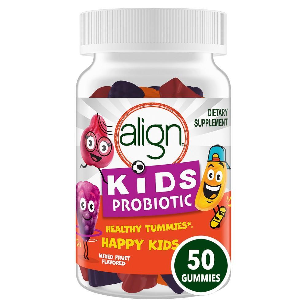 Align Kids Probiotic Gummies by Pasteur Pharmacy, mixed fruit flavor, digestive health support, 50 count bottle of vitamins and supplements.