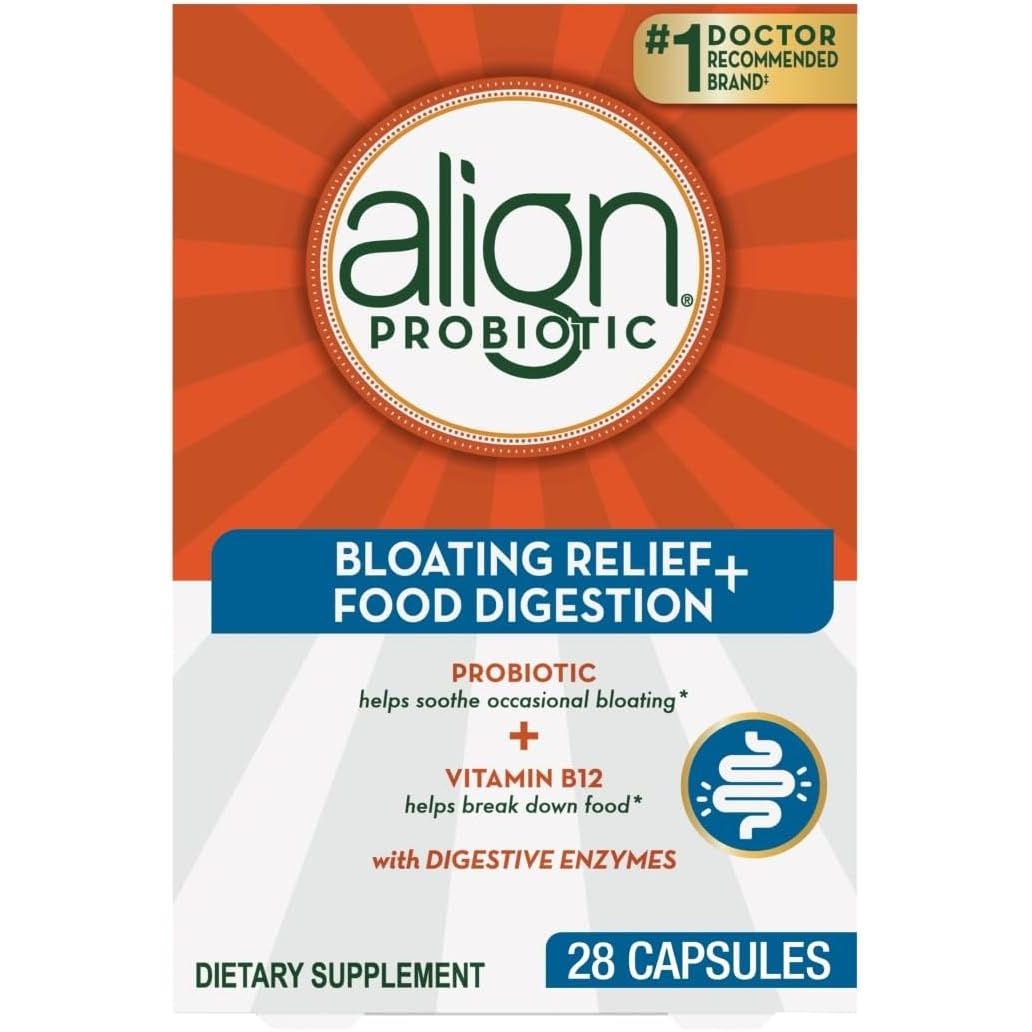 Align Probiotic Bloating Relief and Food Digestion capsules from Pasteur Pharmacy in a bottle, designed to support gut health.