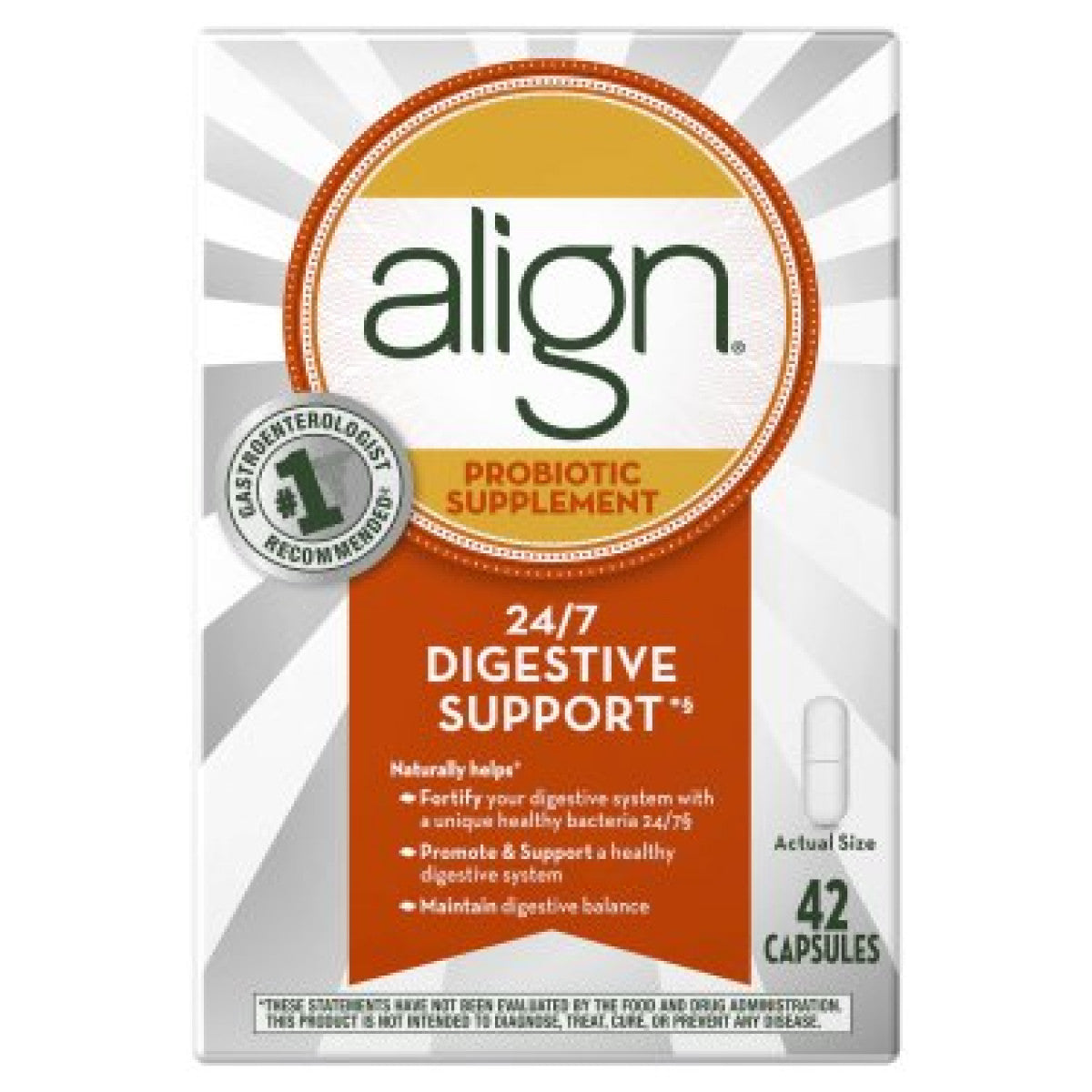 Align Probiotic supplement capsules for women and men, supporting digestive health, recommended by doctors, 42 capsules.