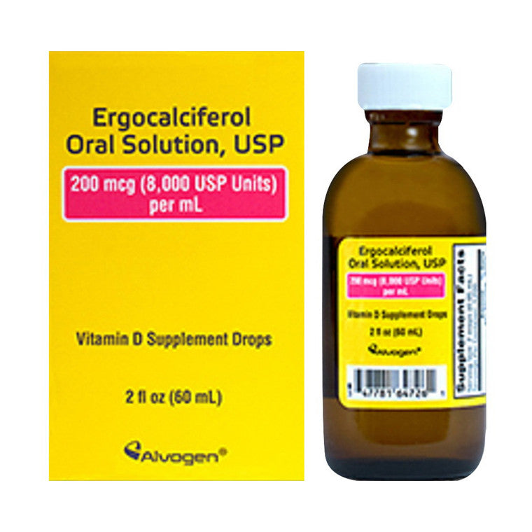 Alvogen Ergocalciferol oral solution vitamin D drops in a 2 oz bottle, supplement for bone health, by Pasteur Pharmacy.
