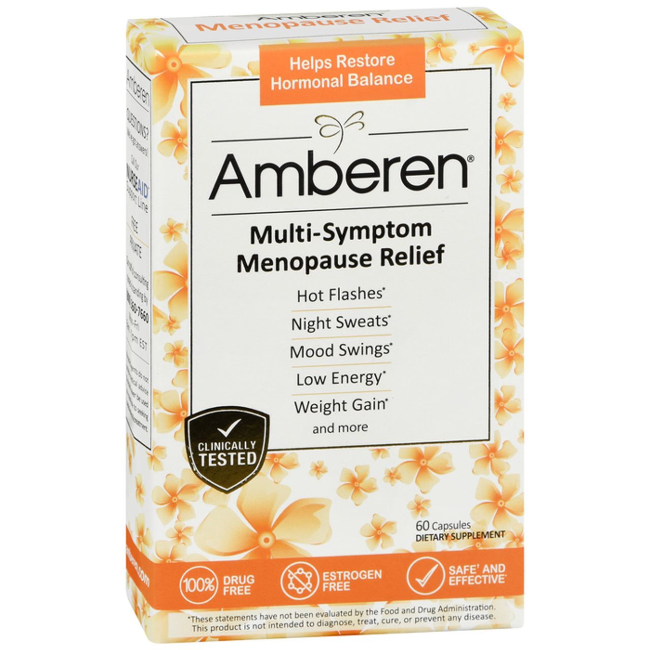 Amberen Menopause Relief dietary supplement capsules in a bottle, designed to support menopause symptoms, by Pasteur Pharmacy.