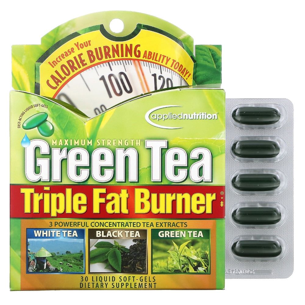 Applied Nutrition Green Tea Triple Fat Burner Liquid Soft-Gels in a bottle, dietary supplement for weight management and metabolism support
