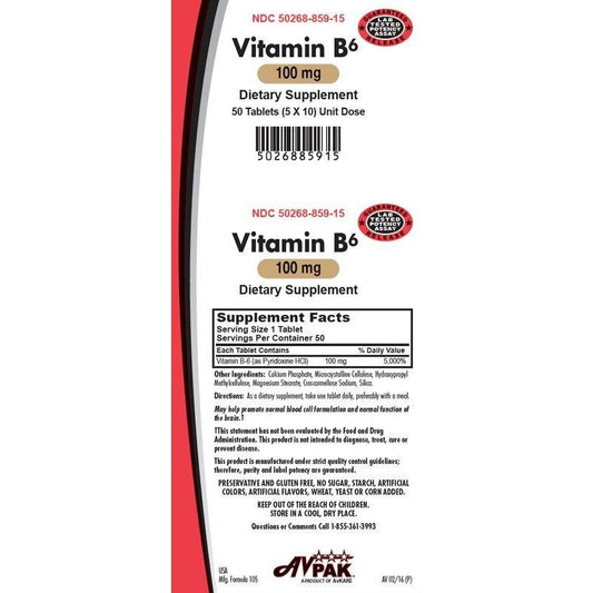 Pasteur Pharmacy AvKare Vitamin B-6 Tablets 100 MG, dietary supplement in blister pack, close-up of vitamin tablets.