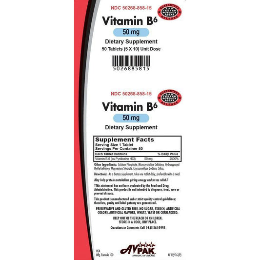 Bottle of AvKARE Vitamin B6 Tablets 50mg from Pasteur Pharmacy, showing the supplement tablets and label.