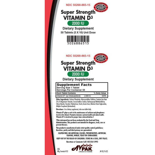 AVKare Vitamin D3 Tablets 2000 IU in blister pack, dietary supplement for bone health and immune support