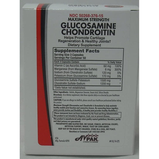 AvPak AvKare Glucosamine Chondroitin capsules in a bottle, dietary supplement for joint support, placed on a white background.