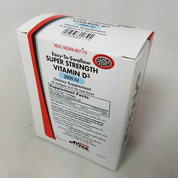 Bottle of Avpak AvKare Vitamin D3 Softgels 2000 IU, dietary supplement in clear softgel capsules for vitamin D intake.
