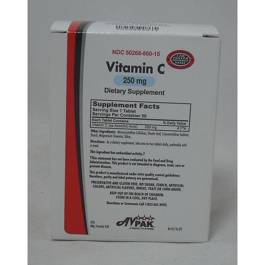 Bottle of Pasteur Pharmacy Avpak Vitamin C 250 mg dietary supplement capsules on a plain background.