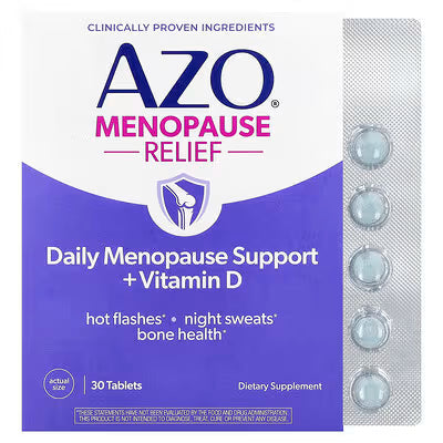 AZO Menopause Relief TB vitamins and supplements bottle from Pasteur Pharmacy, designed to support menopause symptoms.