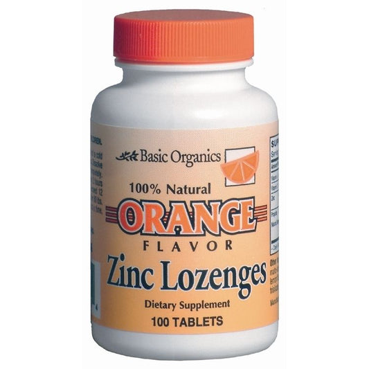 Basic Organics Brands Zinc Lozenges in a bottle, dietary supplement for immune support, from Pasteur Pharmacy.