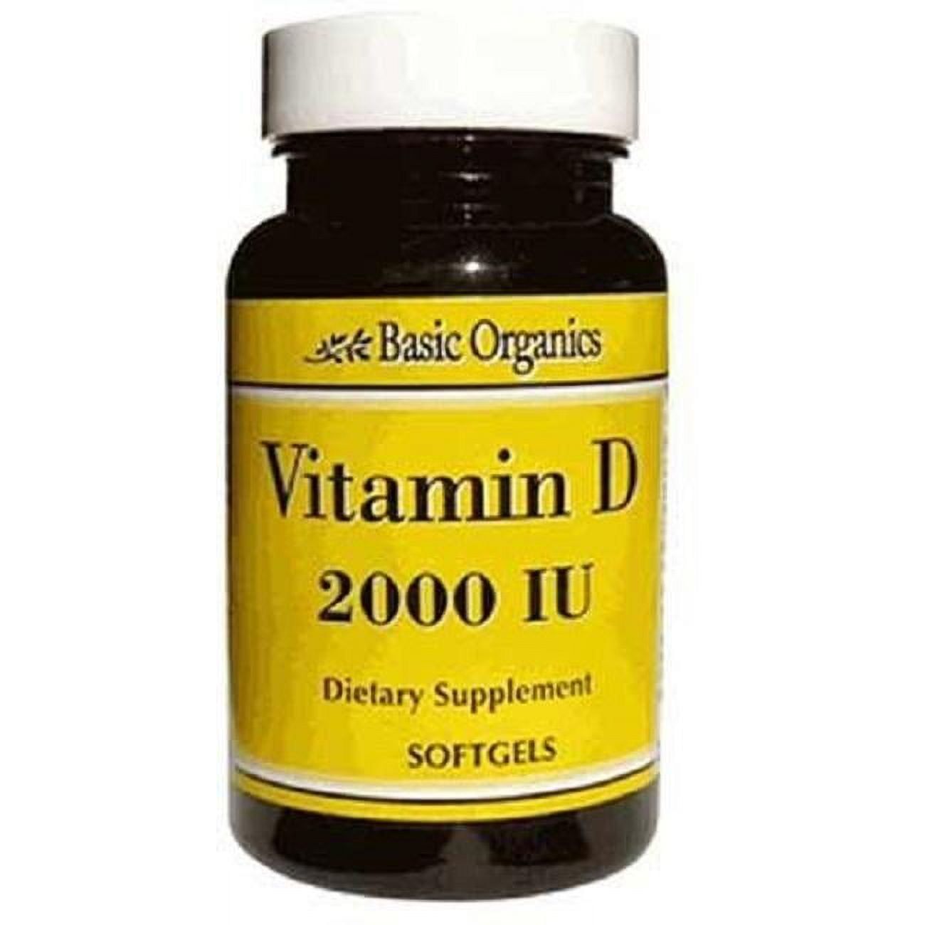 Basic Organics Vitamin D3 2000 IU softgel supplement, showing a bottle of vitamins for immune support and bone health