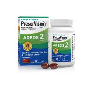 Bausch + Lomb Preservision Areds 2 eye vitamin softgels in a bottle, dietary supplement for eye health.