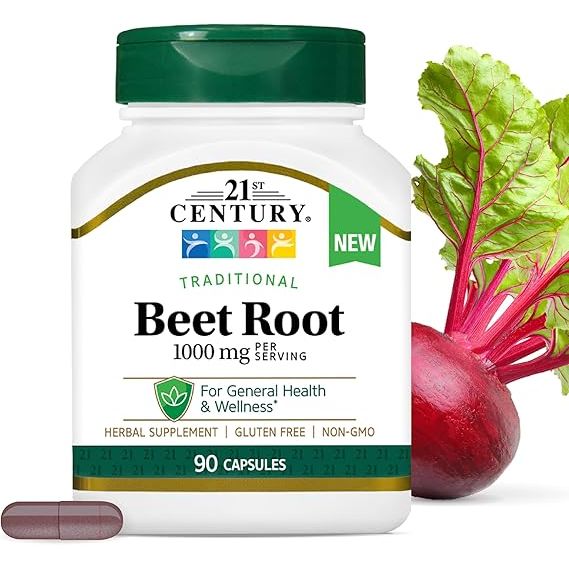 Beet Root 1000 mg capsules by Pasteur Pharmacy, dietary supplement in a bottle with 90 capsules for health support.