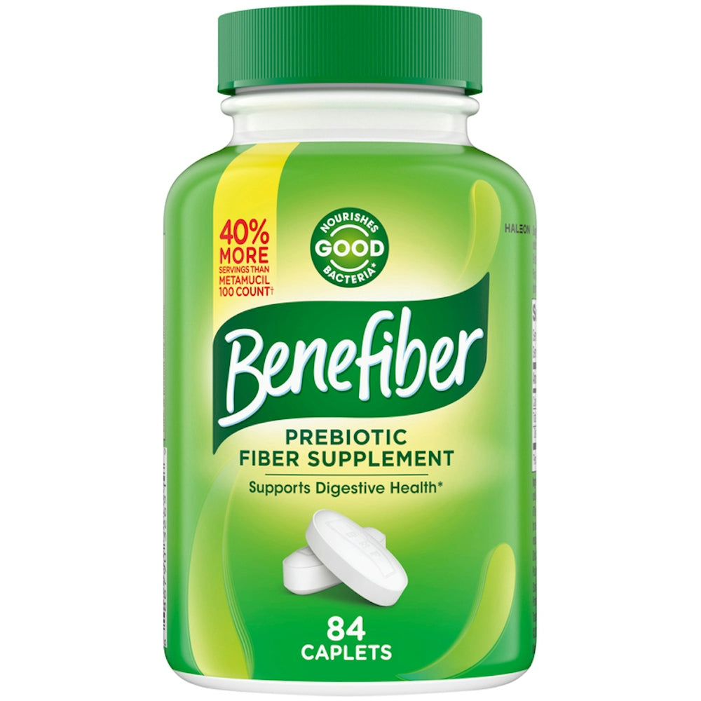 Benefiber Prebiotic Fiber Supplement coated caplets in a bottle, part of Pasteur Pharmacy's vitamins and supplements collection.