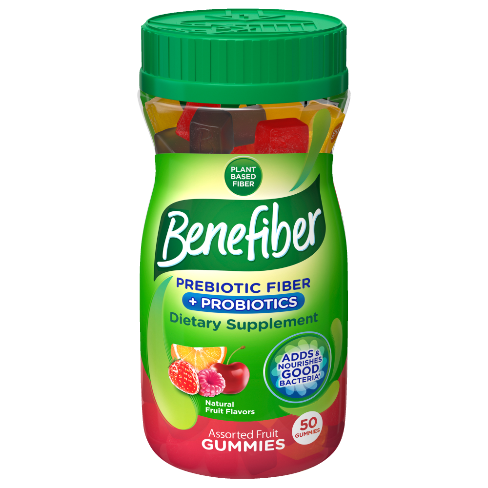 Benefiber Prebiotic + Probiotic Gummies in fruit flavor, 50 count, dietary supplement for digestive health, from Pasteur Pharmacy.