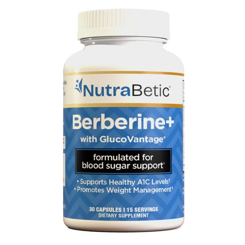 Berberine Plus CP dietary supplement bottle from Nutrabetic, containing 30 capsules, in a supplement container with label details.