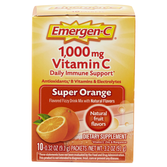 Emergen-C Vitamin C 1000mg powder packets in super orange flavor, immune support fizzy drink mix, 10-pack from Pasteur Pharmacy.