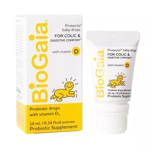 BioGaia Protectis probiotic baby drops with Vitamin D3 in a 0.34 fl oz bottle, featuring child-friendly packaging.