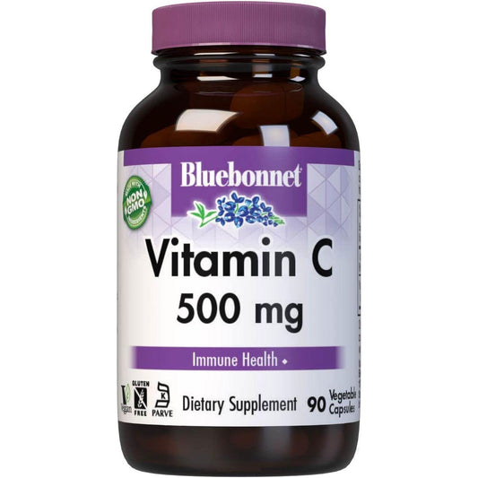 Bluebonnet Buffered Vitamin C 500mg supplement in 80 vegetable capsules, offering immune support and antioxidant benefits.