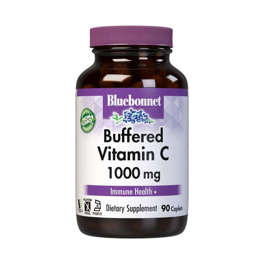 Bluebonnet Buffered Vitamin C 1000 mg dietary supplement in 90 vegetable capsules, designed for immune support and antioxidant benefits.