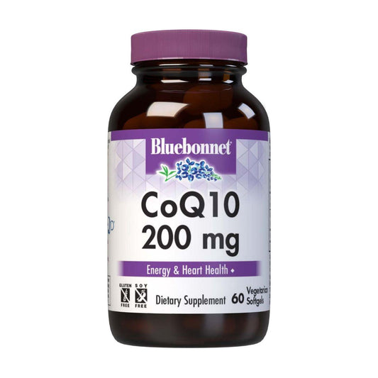 BlueBonnet CoQ-10 200 mg vegetarian softgels supplement for energy support, displayed in a bottle with softgel capsules.