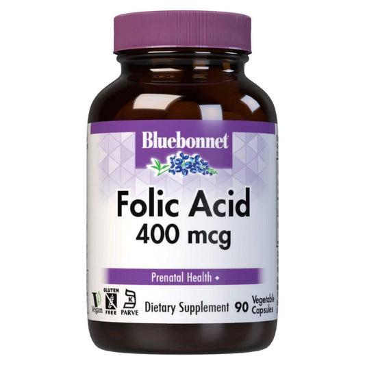 Bluebonnet Nutrition Folic Acid 400 mg vegetable capsules, dietary supplement in a clear bottle with white cap