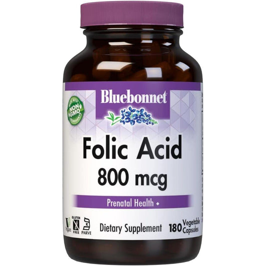 Bluebonnet Nutrition Folic Acid 800 mg vegetarian capsules, supplement bottle with 90 capsules for prenatal health and vitamin support.