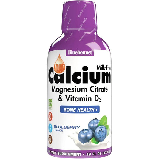 Bluebonnet Nutrition Liquid Calcium Magnesium Citrate with Vitamin D3 in 16 oz bottle, dietary supplement for bone health.