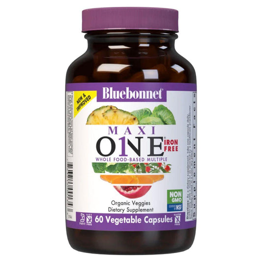 Bluebonnet Nutrition Maxi One Iron-Free Formula bottle with 60 caplets, dietary supplement for overall health and wellness.