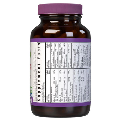 Bluebonnet Nutrition Maxi One Iron-Free Formula vitamin supplement in a bottle of 60 caplets, designed for nutritional support.