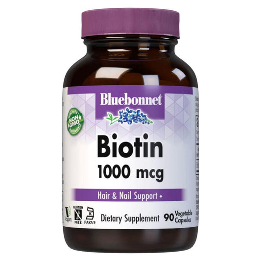 Bluebonnet Nutrition Biotin 1000 mg vitamins in 90 vegetable capsules, dietary supplement for healthy hair and skin.