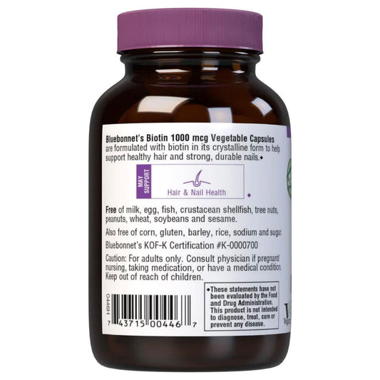 Bluebonnet Nutrition Biotin 1000 mg vitamins in 90 vegetable capsules, dietary supplement for hair, skin, and nails.