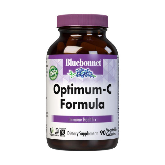Bluebonnet Optimum Vitamin C Formula supplement capsules in a bottle, natural orange-colored capsules for immune support.
