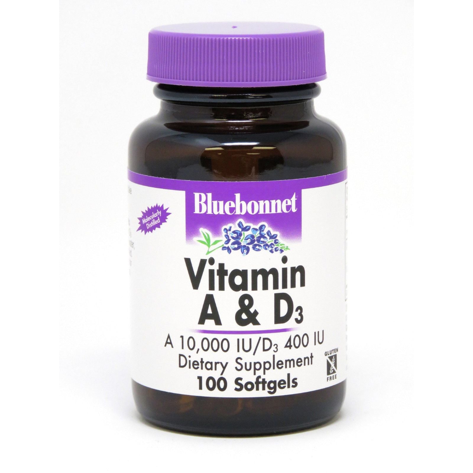 Bluebonnet Vitamin A&D softgel bottle from Pasteur Pharmacy, containing 100 vitamins and supplements for immune health.