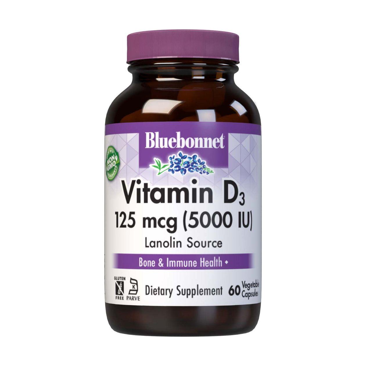 Bluebonnet Vitamin D3 5000 IU supplement in 60 vegetable capsules, natural dietary vitamin D3 from Pasteur Pharmacy.