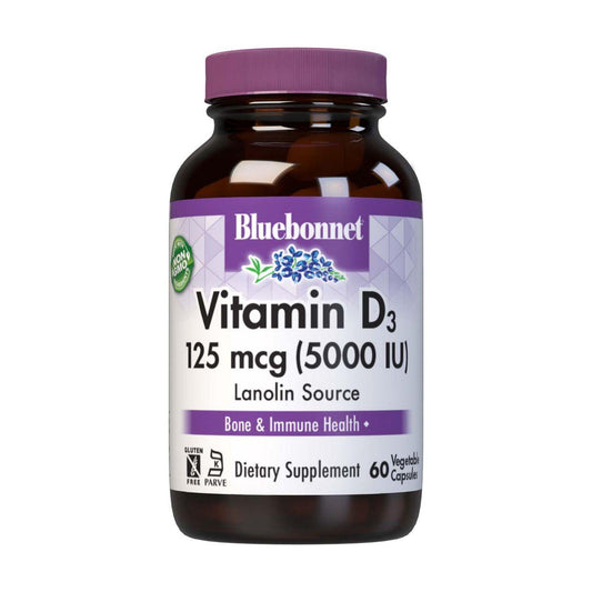 Bluebonnet Vitamin D3 5000 IU supplement in 60 vegetable capsules, natural dietary vitamin D3 from Pasteur Pharmacy.